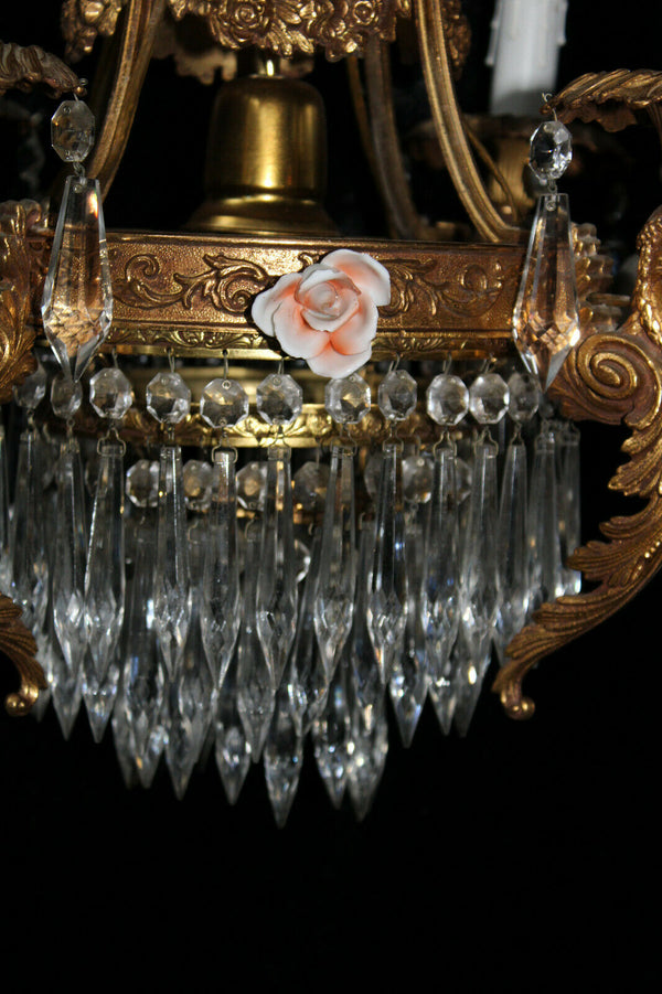 Rare French Brass porcelain flowers glass Caryatid figural chandelier lamp