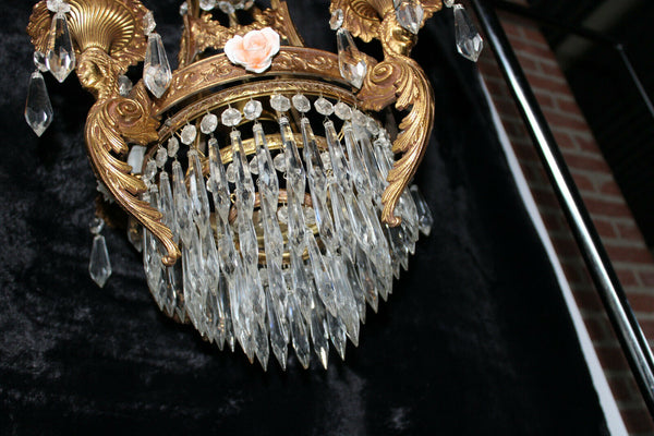 Rare French Brass porcelain flowers glass Caryatid figural chandelier lamp