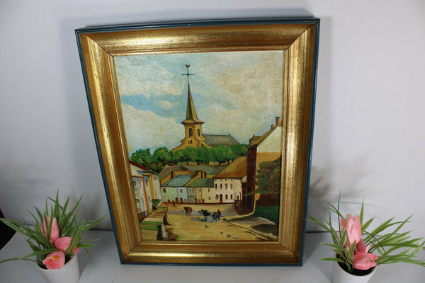Antique flanders school landscape church oil canvas painting