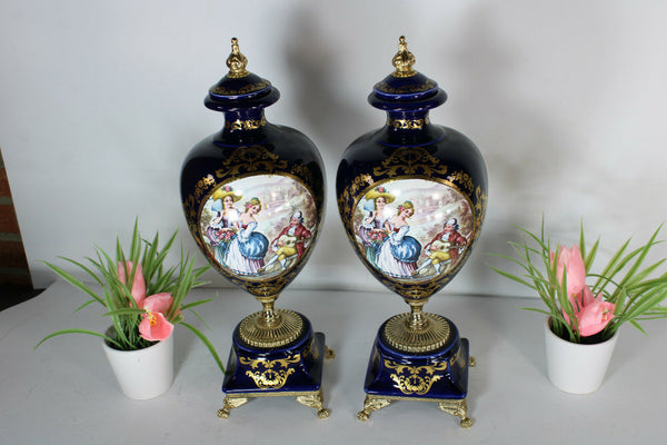 PAIR italian cobalt porcelain marked vases romantic decors