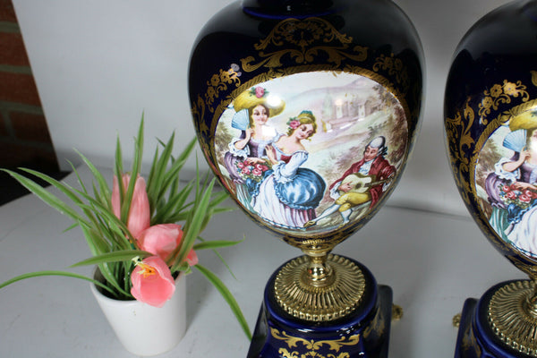 PAIR italian cobalt porcelain marked vases romantic decors