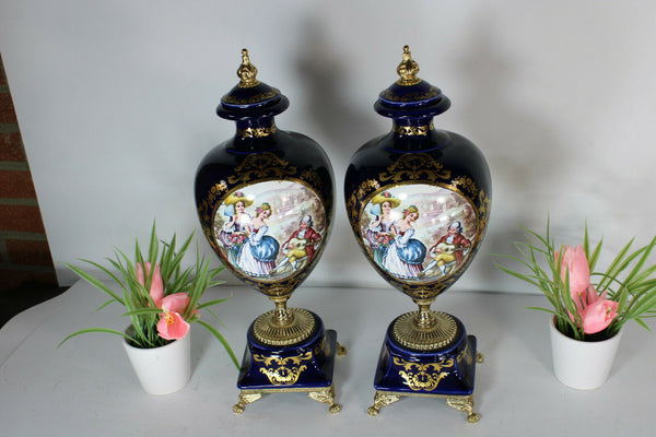 PAIR italian cobalt porcelain marked vases romantic decors