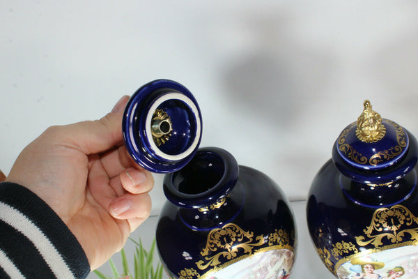 PAIR italian cobalt porcelain marked vases romantic decors