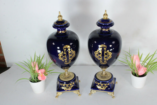 PAIR italian cobalt porcelain marked vases romantic decors
