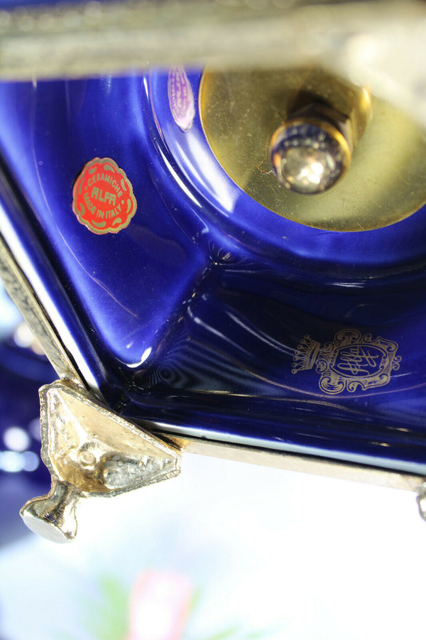 PAIR italian cobalt porcelain marked vases romantic decors