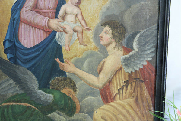 Antique 1800 Oil canvas religious archangel mary jesus painting religious church