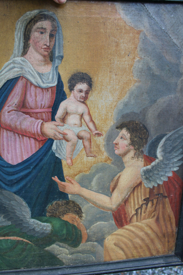 Antique 1800 Oil canvas religious archangel mary jesus painting religious church