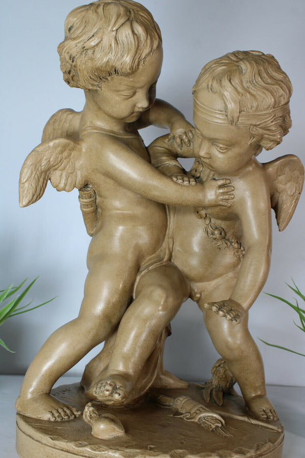 Antique Large French Terracotta group 2 cupido putti marked FALCONET