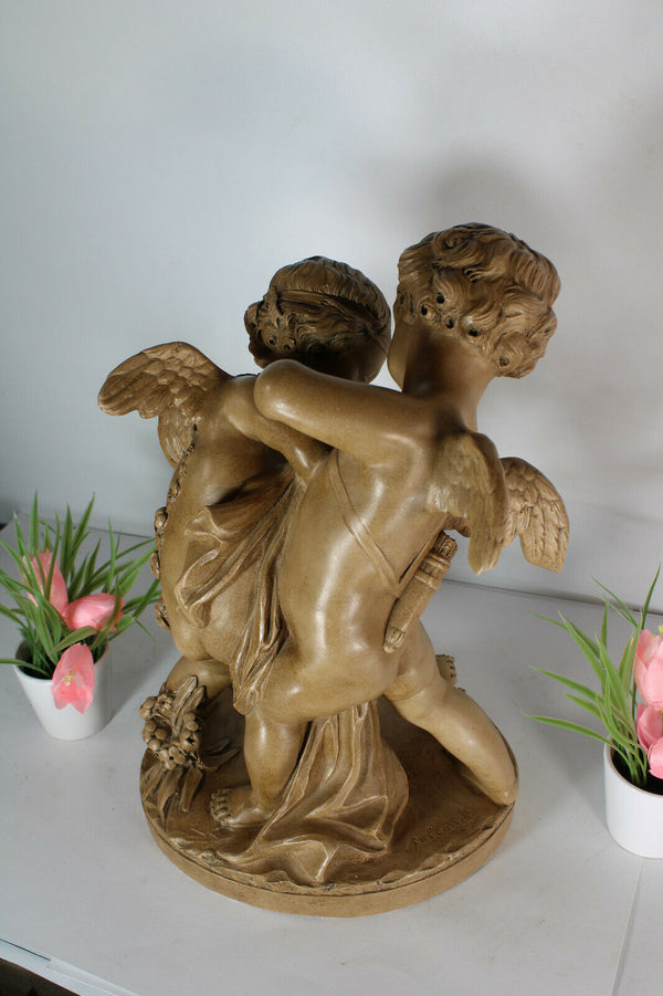 Antique Large French Terracotta group 2 cupido putti marked FALCONET