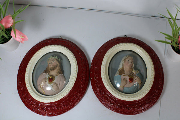 PAIR antique Religious relief wall panel sacred heart christ mary chalkware