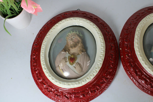 PAIR antique Religious relief wall panel sacred heart christ mary chalkware