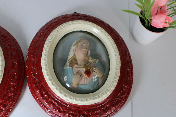 PAIR antique Religious relief wall panel sacred heart christ mary chalkware