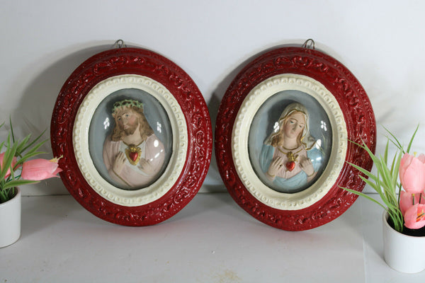 PAIR antique Religious relief wall panel sacred heart christ mary chalkware