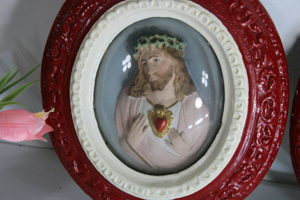 PAIR antique Religious relief wall panel sacred heart christ mary chalkware
