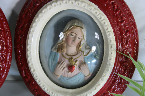 PAIR antique Religious relief wall panel sacred heart christ mary chalkware