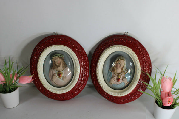 PAIR antique Religious relief wall panel sacred heart christ mary chalkware