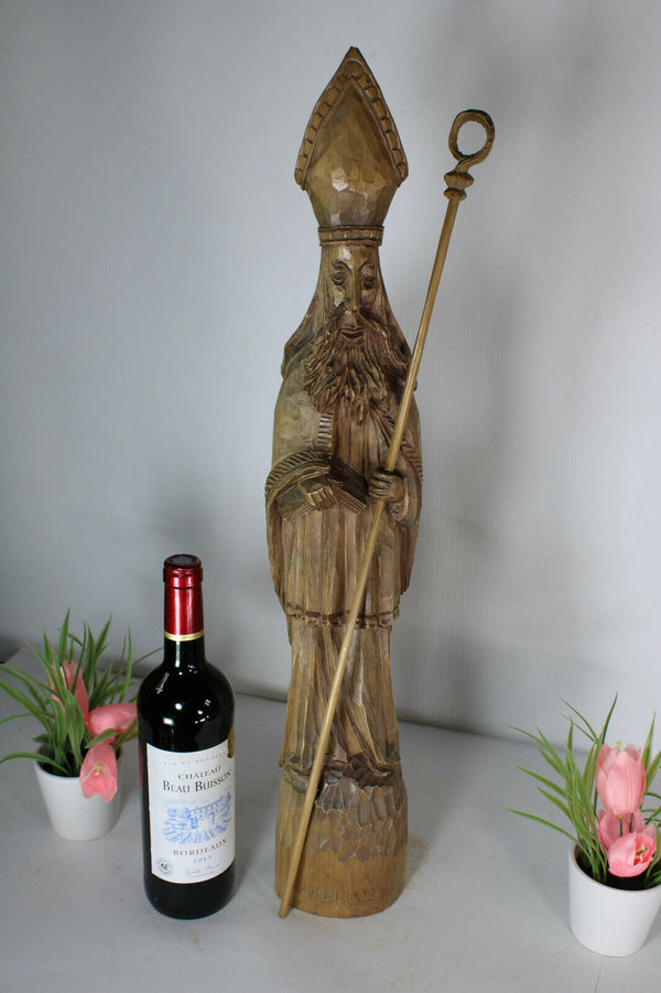 LArge antique Saint bishop Ambrose Wood carved statue religious