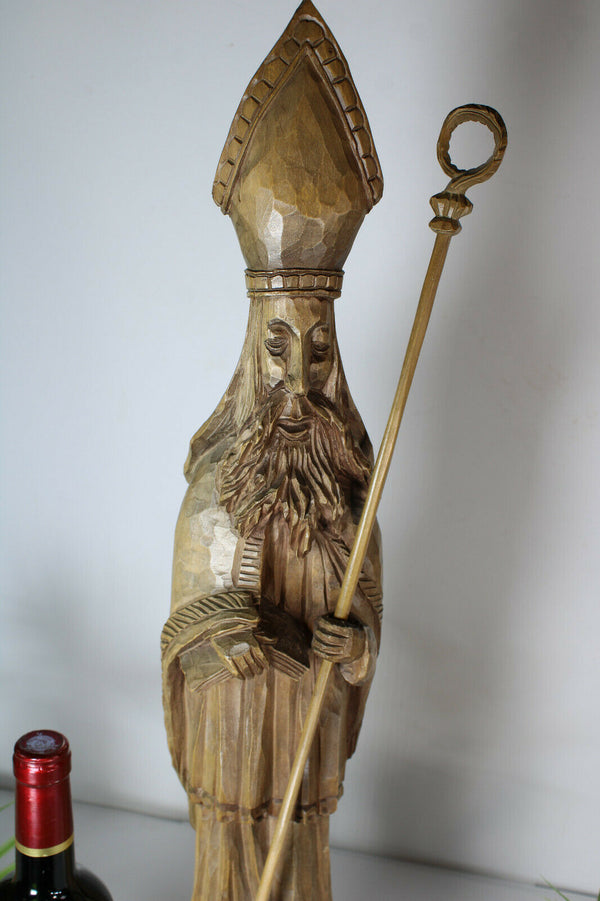 LArge antique Saint bishop Ambrose Wood carved statue religious