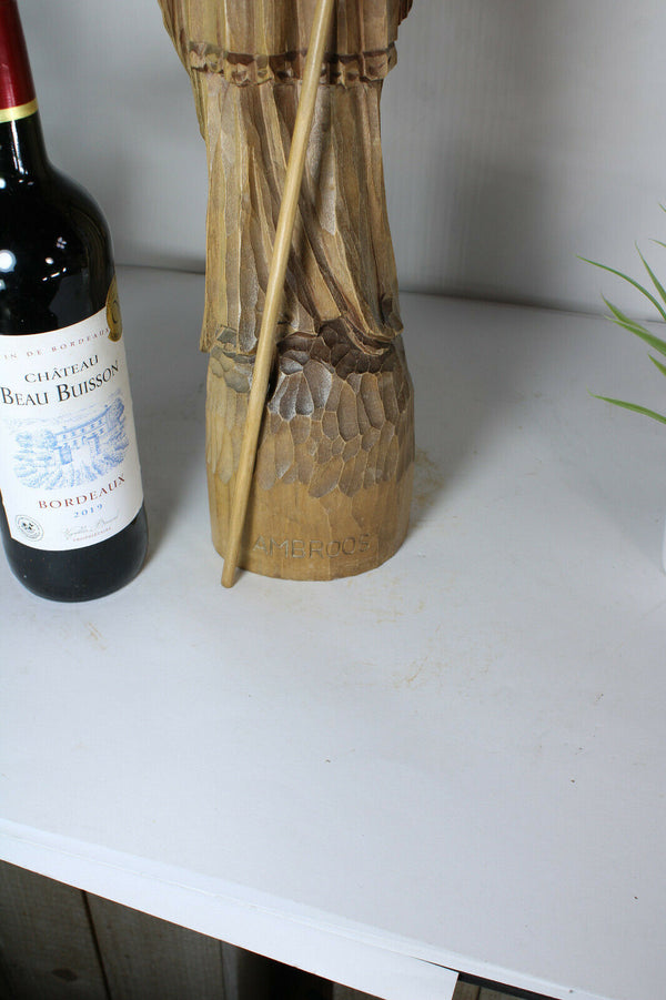 LArge antique Saint bishop Ambrose Wood carved statue religious