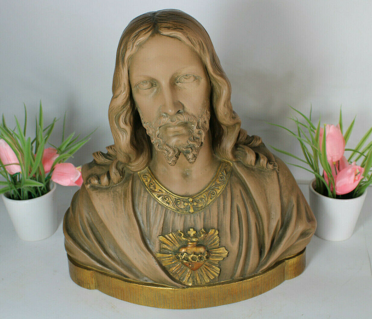 Antique 1930 terracotta PARENTANI signed Bust statue sacred heart christ