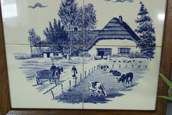 Vintage delft pottery blue white tiles dutch farm landscape scene cows panel