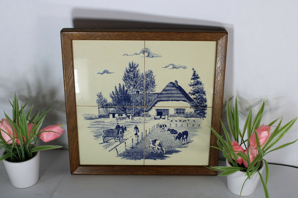 Vintage delft pottery blue white tiles dutch farm landscape scene cows panel