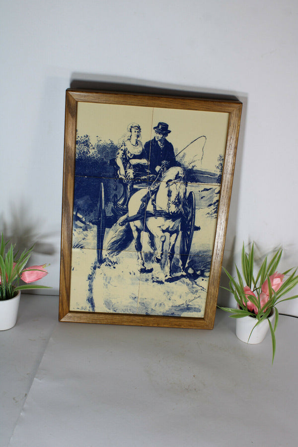 Vintage delft pottery blue white tiles panel