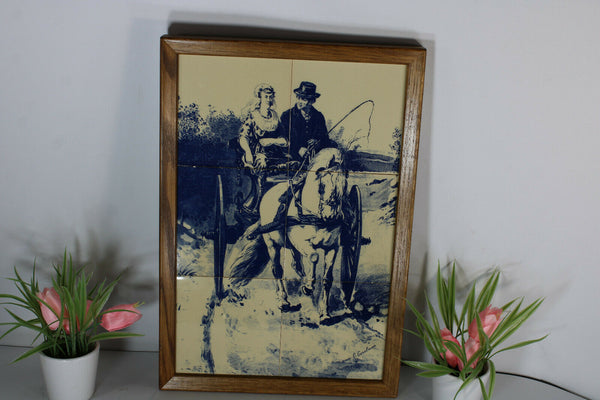 Vintage delft pottery blue white tiles panel