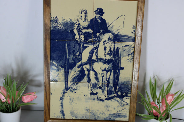 Vintage delft pottery blue white tiles panel