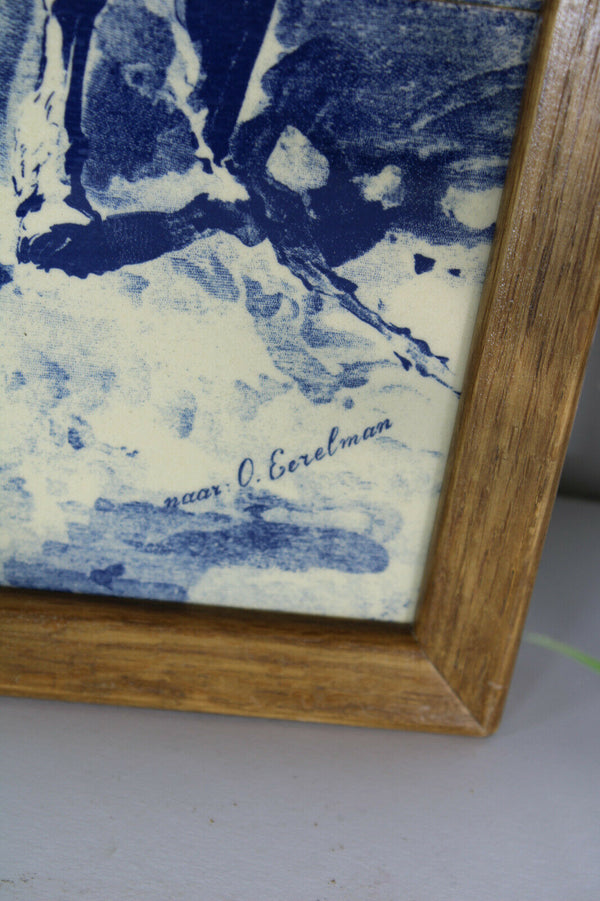 Vintage delft pottery blue white tiles panel