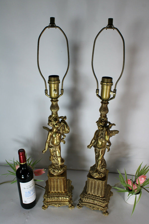 PAIR XL french brass putti cherub figurine Table lamps
