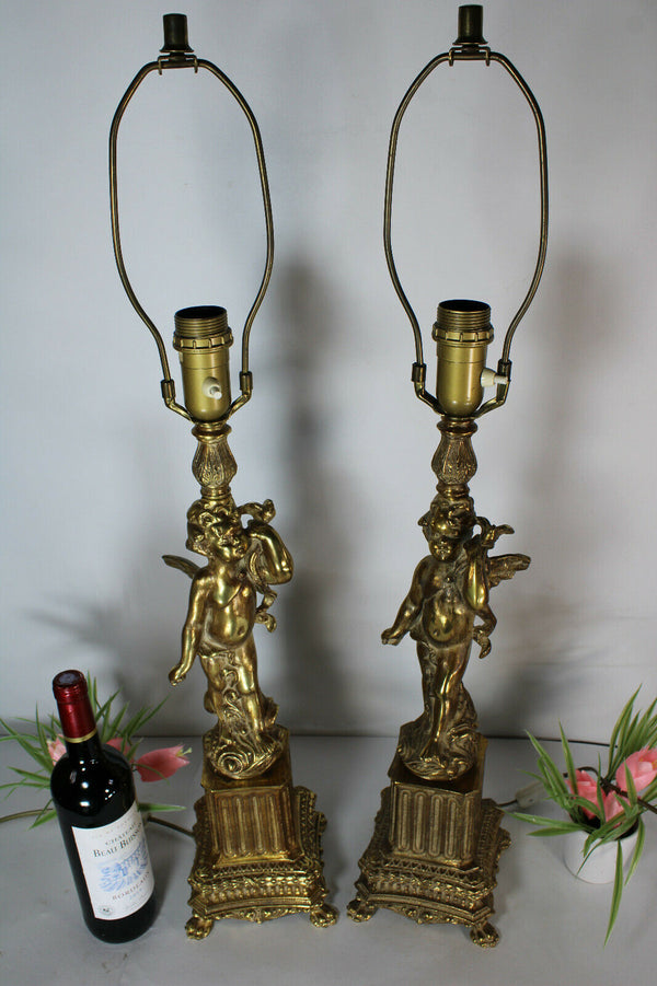 PAIR XL french brass putti cherub figurine Table lamps