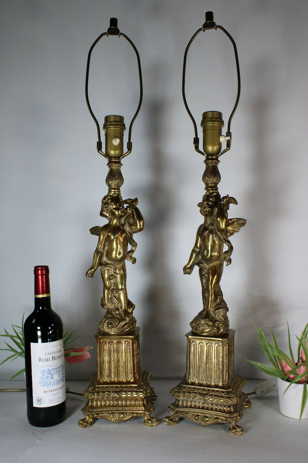 PAIR XL french brass putti cherub figurine Table lamps