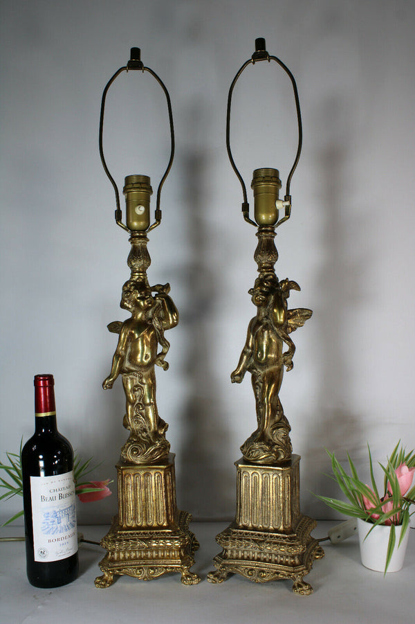 PAIR XL french brass putti cherub figurine Table lamps