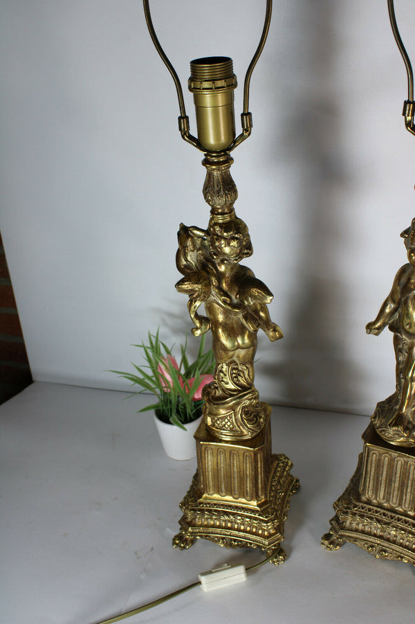 PAIR XL french brass putti cherub figurine Table lamps