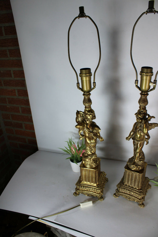 PAIR XL french brass putti cherub figurine Table lamps