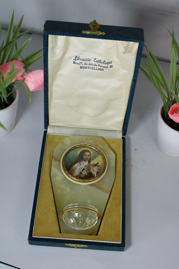 Antique French holy water font onyx brass in original box rare