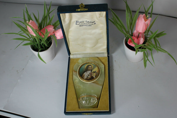 Antique French holy water font onyx brass in original box rare