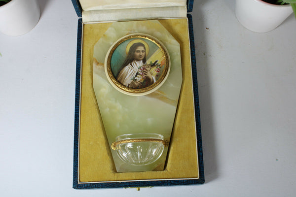 Antique French holy water font onyx brass in original box rare