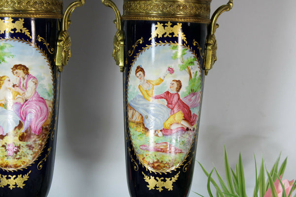 PAIR cobalt blue porcelain Caraytid brass heads Vases attr sevres