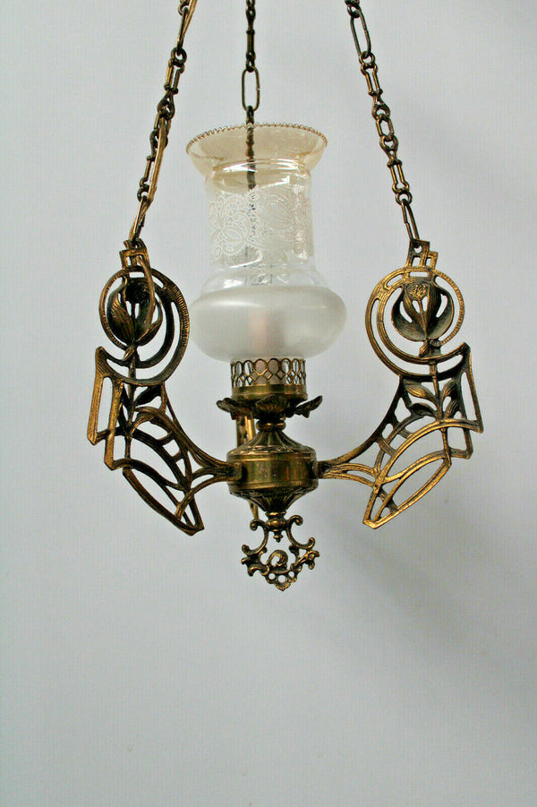 Antique Art nouveau ornaments brass pendant lamp chandelier etched glass