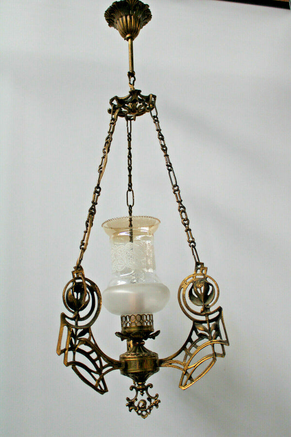 Antique Art nouveau ornaments brass pendant lamp chandelier etched glass