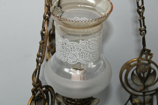 Antique Art nouveau ornaments brass pendant lamp chandelier etched glass