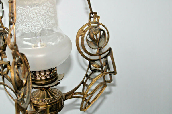 Antique Art nouveau ornaments brass pendant lamp chandelier etched glass