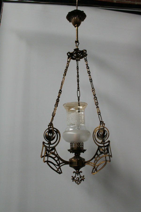 Antique Art nouveau ornaments brass pendant lamp chandelier etched glass