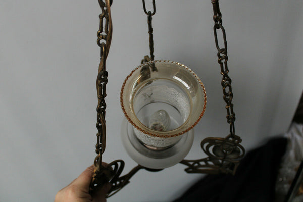 Antique Art nouveau ornaments brass pendant lamp chandelier etched glass