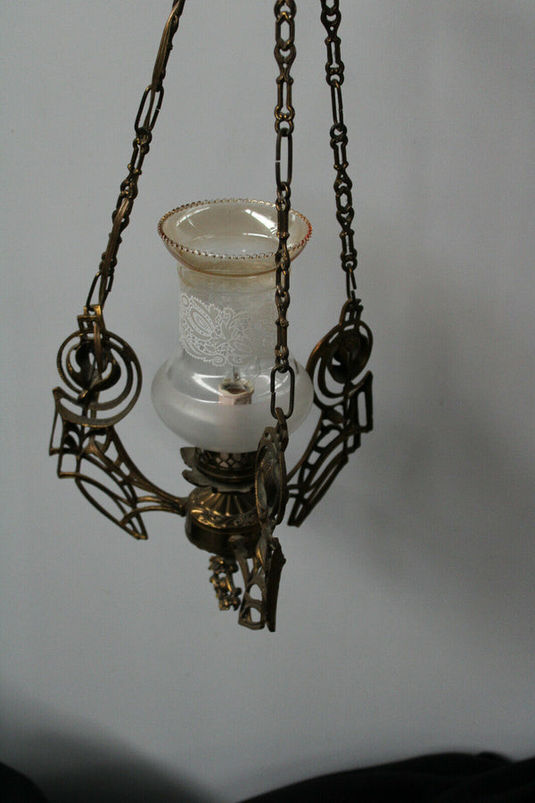 Antique Art nouveau ornaments brass pendant lamp chandelier etched glass