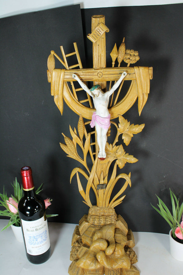 XL antique french altar wood carved crucifix bisque porcelain corpus christ