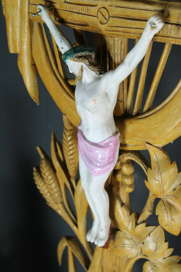 XL antique french altar wood carved crucifix bisque porcelain corpus christ