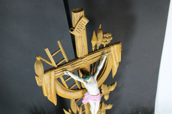 XL antique french altar wood carved crucifix bisque porcelain corpus christ